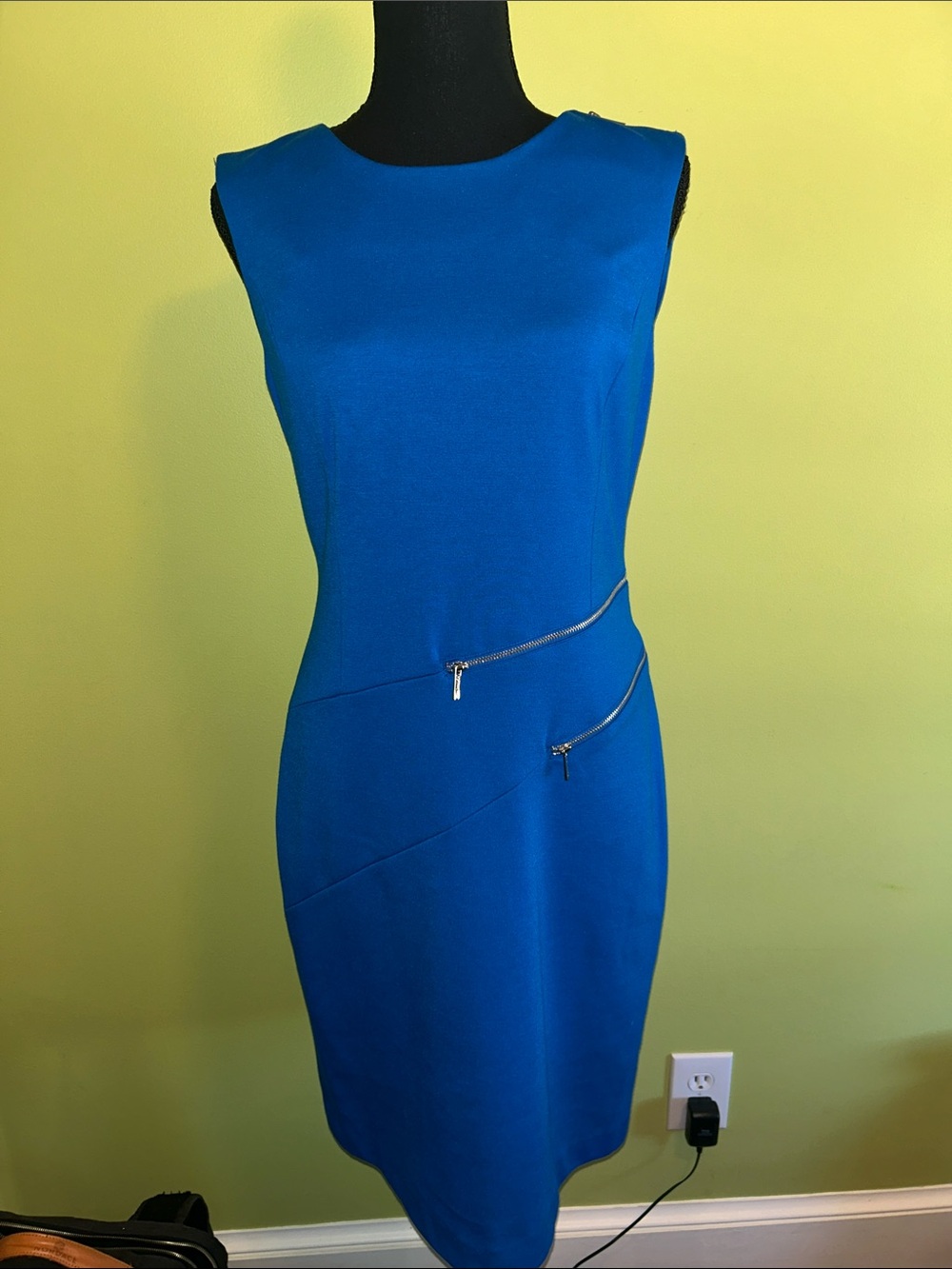 Calvin Klein Electric Blue Midi Sheath Stretch Dress with Silver Zipper Accents
